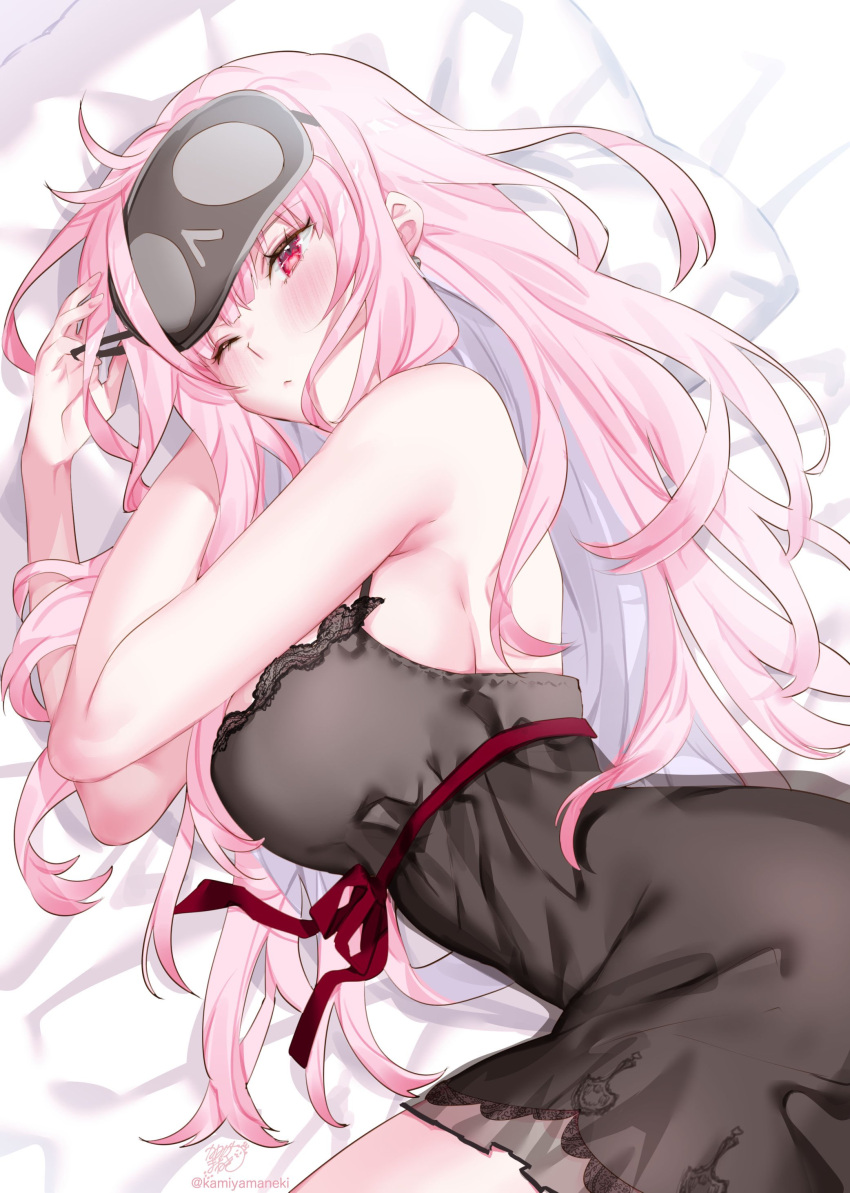 absurdres artist_name black_mask black_nightgown blush breasts commentary_request female highres hololive hololive_english kamiya_maneki large_breasts long_hair lying mask mask_on_head mori_calliope mori_calliope_(sleepwear) nightgown on_side one_eye_closed pink_eyes pink_hair signature sleep_mask solo thighs virtual_youtuber