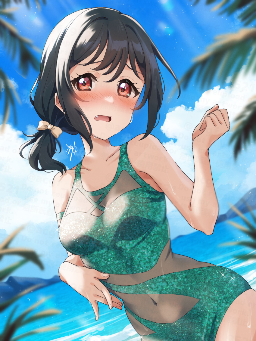 absurdres beach birthday blue_sky blush breasts clenched_hand cloud cloudy_sky collarbone commentary embarrassed female green_hair green_one-piece_swimsuit highres kyaku_tasu looking_at_viewer love_live! love_live!_nijigasaki_high_school_idol_club medium_hair mifune_shioriko oerba_yun_fang one-piece_swimsuit orange_eyes see-through_one-piece_swimsuit short_ponytail sidelocks signature sky small_breasts solo swimsuit