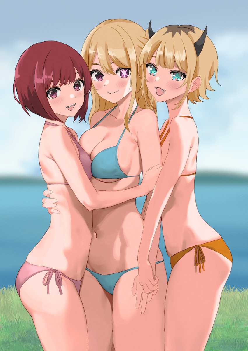 3girls absurdres arima_kana asymmetrical_docking bikini blonde_hair blue_bikini blue_eyes blurry blurry_background breast_press breasts closed_mouth commentary_request day girl_sandwich grass highres horns hoshino_ruby kinomiki large_breasts long_hair memcho multiple_girls navel oerba_yun_fang one_side_up open_mouth orange_bikini oshi_no_ko pink_eyes red_bikini red_hair sandwiched short_hair side-tie_bikini_bottom small_breasts smile star-shaped_pupils star_(symbol) stomach swimsuit symbol-shaped_pupils teeth upper_teeth_only yuri