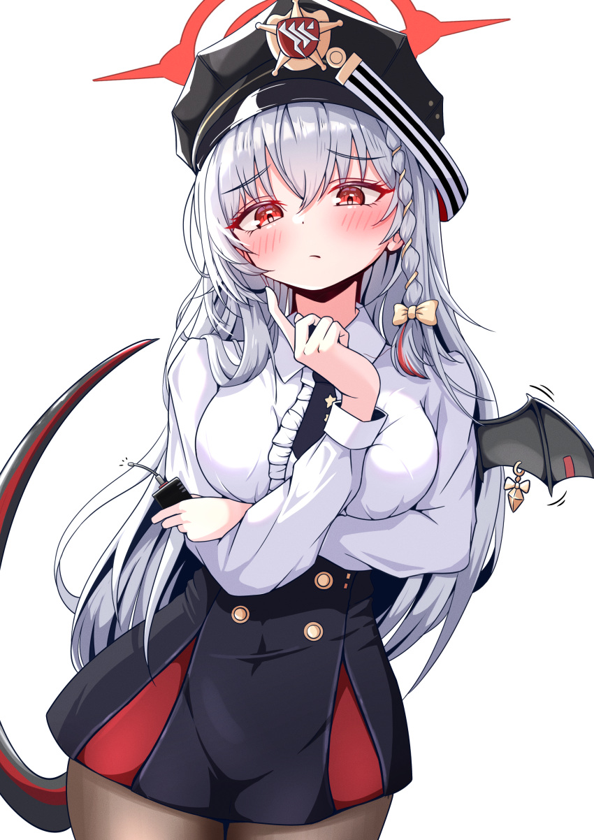 absurdres black_hat black_skirt blue_archive blush braid breasts chilong_(heronas) commentary_request female grey_hair halo haruna_(blue_archive) hat highres korean_commentary long_hair looking_at_viewer medium_breasts red_eyes red_halo shirt single_braid single_wing skirt solo tail white_shirt wings