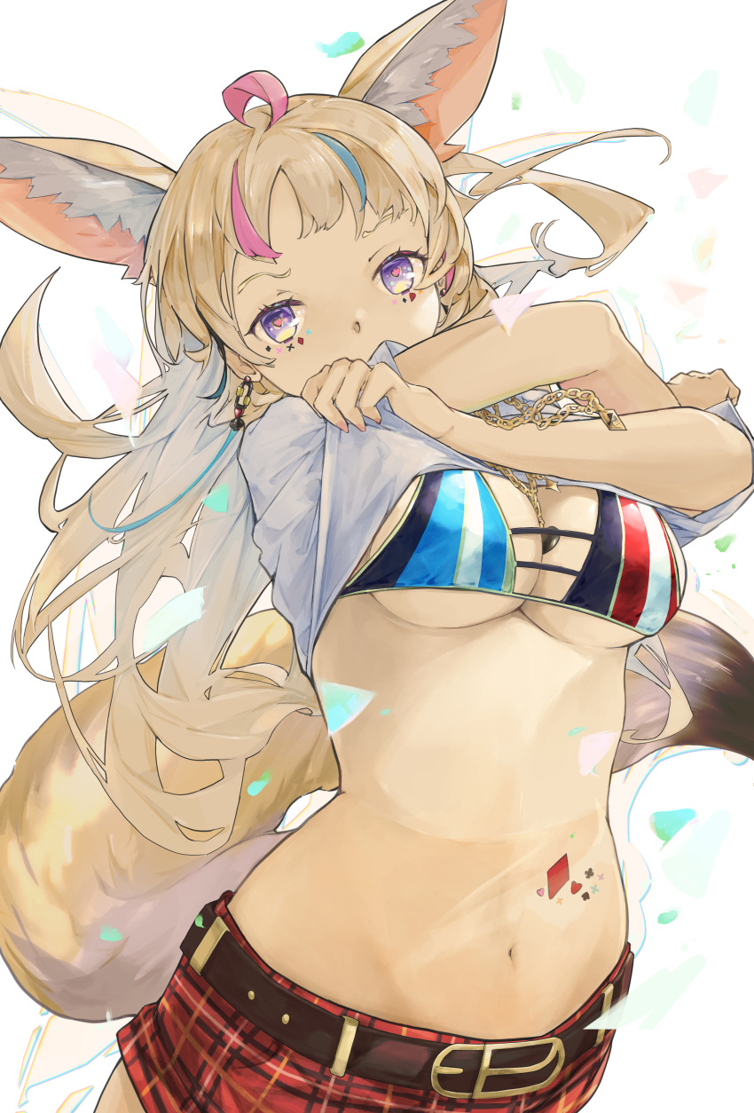 absurdres ahoge animal_ear_fluff animal_ears belt belt_buckle bikini bikini_top_only blonde_hair blue_hair breasts buckle clothes_lift commentary earrings female fox_ears fox_tail haimura highres hololive jewelry lifting_own_clothes long_hair looking_at_viewer medium_breasts multicolored_hair navel necklace omaru_polka pink_hair purple_eyes shirt shirt_lift skirt solo streaked_hair swimsuit tail virtual_youtuber