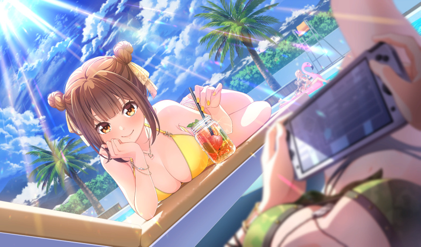 4girls aisaka_koko akino_komugi beach_chair bikini black_hair blonde_hair blurry bow breasts brown_eyes brown_hair cinderella_series cleavage closed_mouth cloud commentary_request controller cumulonimbus_cloud day depth_of_field double_bun drinking_straw dutch_angle flamingo_raft game_cg game_controller green_bikini hachigatsu_no_cinderella_nine hair_bun hairbow halterneck hand_on_own_cheek hand_on_own_face highres holding holding_controller holding_drinking_straw holding_game_controller jewelry joujima_momo kusakari_runa light_rays looking_at_viewer lying medium_hair mountain multiple_girls necklace non-web_source official_art on_chair on_stomach outdoors palm_tree poolside sky smile string_bikini sunbeam sunlight swimsuit tree yellow_bikini yellow_bow