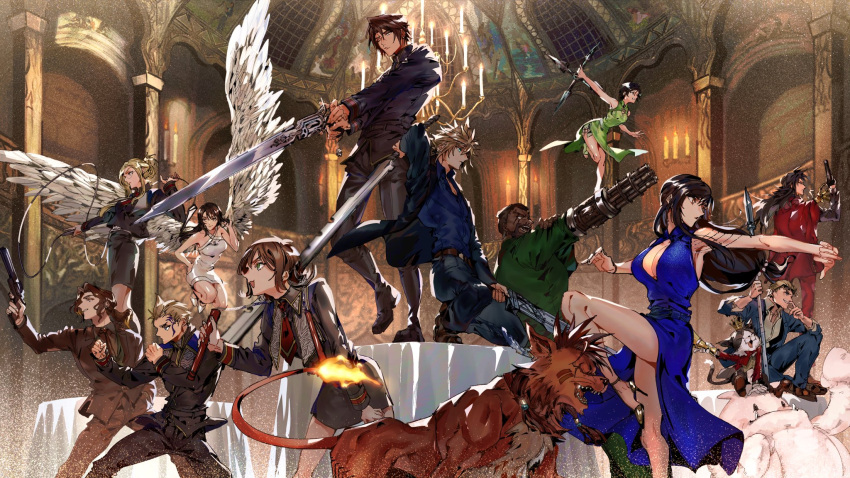 5girls 6+boys alternate_costume angel_wings arm_cannon barret_wallace breasts cait_sith_(final_fantasy) cid_highwind cleavage cloud_strife dark-skinned_male dark_skin dress fighting_stance final_fantasy final_fantasy_vii final_fantasy_viii formal gatling_gun gun gunblade handgun highres in-franchise_crossover irvine_kinneas large_breasts moogle multiple_boys multiple_girls nunchaku official_alternate_costume polearm quistis_trepe red_xiii rinoa_heartilly seed_uniform_(ff8) selphie_tilmitt shio_ga shuriken spear squall_leonhart suit sword tifa_lockhart vincent_valentine weapon whip wings yuffie_kisaragi zell_dincht