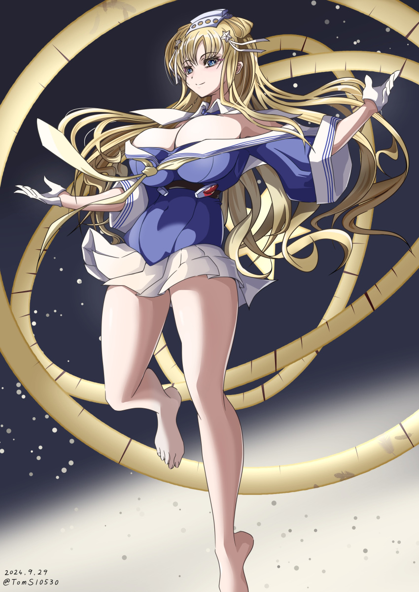 absurdres armillary_sphere bare_legs barefoot blonde_hair blue_eyes blue_shirt breasts celestial_globe cleavage double_bun female fletcher_(kancolle) gloves gundam hair_bun hair_ornament hairband halo highres kantai_collection large_breasts long_hair looking_at_viewer neckerchief off_shoulder path_to_nowhere sailor_collar school_uniform serafuku shirt skirt smile solo space standing standing_on_one_leg star_(symbol) star_hair_ornament stargazer_(path_to_nowhere) thighs toms white_sailor_collar white_skirt yellow_neckerchief