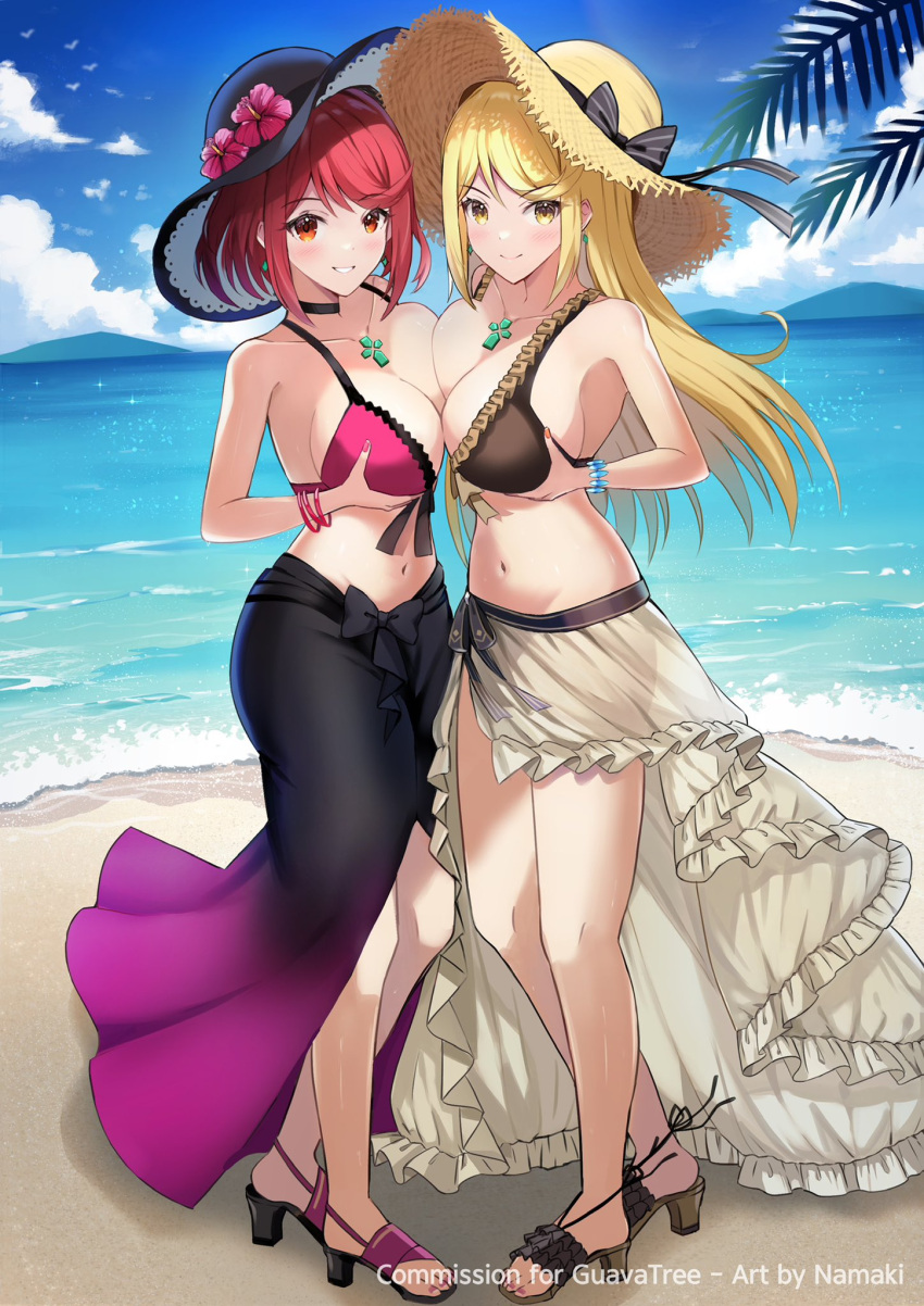 2girls bare_shoulders beach bikini black_bikini black_sarong blonde_hair blue_sky blush bow bracelet breast_press breasts brown_bikini brown_footwear brown_sarong chest_jewel choker cleavage closed_mouth cloud cloudy_sky collarbone commission core_crystal_(xenoblade) cosplay day dorothea_arnault dorothea_arnault_(cosplay) dorothea_arnault_(summer) dorothea_arnault_(summer)_(cosplay) earrings english_text fire_emblem fire_emblem:_three_houses fire_emblem_heroes floating_earring flower frilled_bikini frilled_footwear frilled_sarong frills full_body gem gradient_sarong hair_flower hair_ornament hat hat_flower hibiscus highres holding horizon jewelry large_breasts long_hair looking_at_viewer mercedes_von_martritz mercedes_von_martritz_(cosplay) mercedes_von_martritz_(summer) mercedes_von_martritz_(summer)_(cosplay) mountain multiple_girls mythra_(xenoblade) nail_polish namakisama navel ocean off-shoulder_bikini off_shoulder official_alternate_costume open_mouth outdoors palm_tree pyra_(xenoblade) red_eyes red_hair sand sandals sarong shore short_hair sky smile sparkle straw_hat sun_hat swept_bangs swimsuit symmetrical_docking toeless_legwear toenail_polish toenails tree two-tone_bikini water xenoblade_chronicles_(series) xenoblade_chronicles_2 yellow_eyes