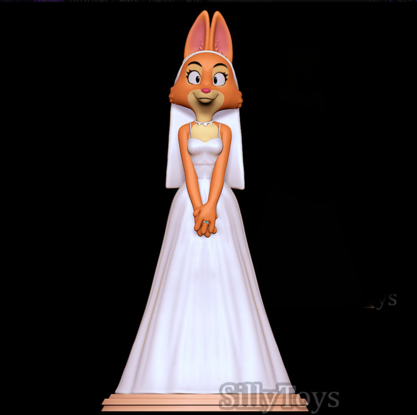 3d_(artwork) 3d_modeling anthro canid canine clothing diane_foxington digital_media_(artwork) dreamworks dress ears_up fox hi_res looking_straight mammal orange_body ring sillytoys simple_background smile solo stage the_bad_guys white_clothing white_dress