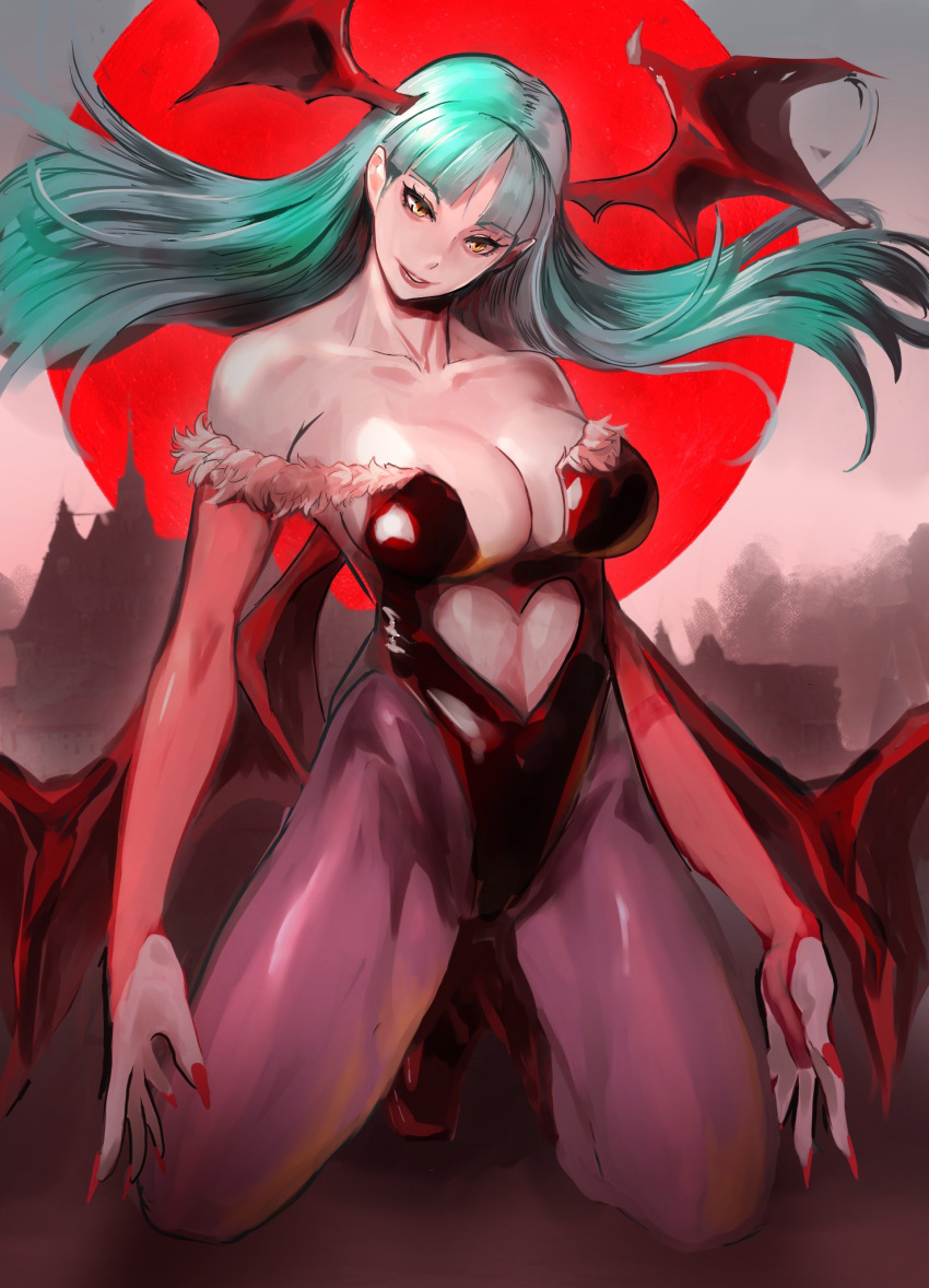 bare_shoulders black_leotard blurry blurry_background breasts bridal_gauntlets castle cleavage clothing_cutout cutout_above_navel darkstalkers demon_girl demon_wings female full_body full_moon green_eyes head_wings heart_cutout highleg highleg_leotard highres kneeling large_breasts leotard long_hair low_wings meke_(77842928) moon morrigan_aensland multiple_wings off_shoulder pantyhose purple_pantyhose red_moon red_nails solo wings yellow_eyes