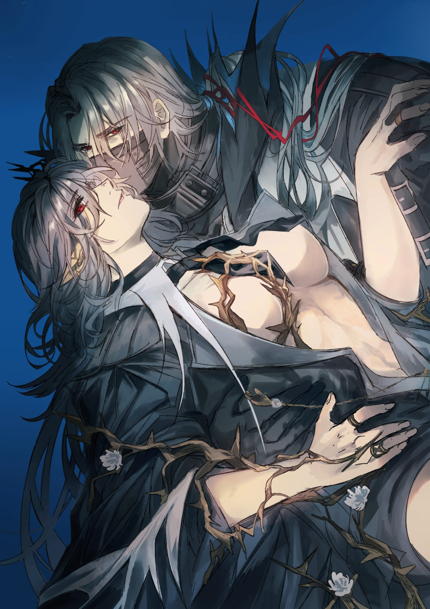 1boy absurdres arknights black_shirt breasts center_opening commentary_request dress female gladiia_(arknights) gladiia_(i_am_the_tides)_(arknights) grey_hair hand_on_another's_shoulder highres large_breasts long_hair looking_at_viewer mahimeko mask mouth_mask no_bra official_alternate_costume pointy_ears red_eyes shirt simple_background thorns ulpianus_(arknights) very_long_hair