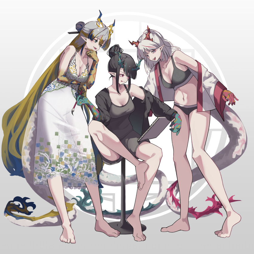 3girls absurdres alternate_hairstyle arknights barefoot black_hair black_jacket black_shorts blonde_hair breasts cleavage closed_mouth colored_skin dragon_girl dragon_horns dragon_tail dusk_(arknights) full_body green_skirt grey_hair hair_bun hashtag-only_commentary highres holding holding_brush holding_sketchbook horns jacket kokawaaokawa looking_at_another multiple_girls nian_(arknights) off_shoulder open_clothes open_jacket open_mouth red_eyes red_hair red_skin shorts shu_(arknights) siblings simple_background sisters sitting sketchbook skirt smile solo standing stool tail tank_top tongue tongue_out yellow_skin