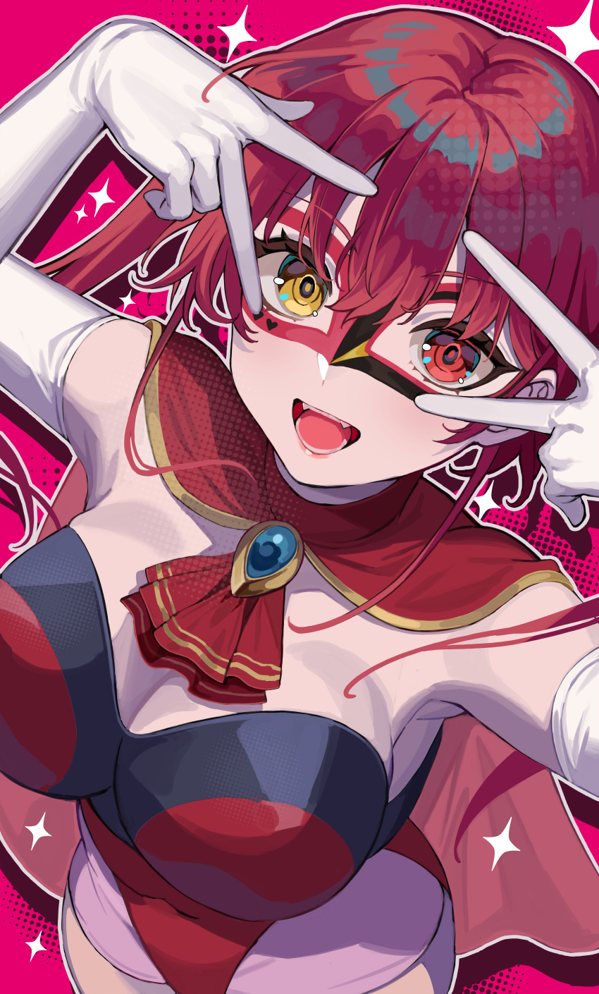 absurdres amahara_subaru bare_shoulders breasts capelet cleavage double_w elbow_gloves eye_mask female from_above gloves heterochromia highres hololive houshou_marine how_about_paipai_mask?_(houshou_marine) large_breasts leotard long_hair looking_at_viewer looking_up open_mouth pink_background red_capelet red_eyes red_hair red_leotard smile solo twintails virtual_youtuber w white_gloves yellow_eyes