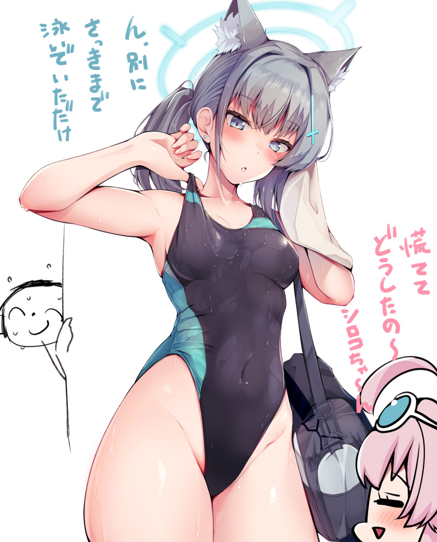 1boy 2girls animal_ear_fluff animal_ears bag black_one-piece_swimsuit blue_archive blue_eyes breasts competition_swimsuit covered_navel cross_hair_ornament doodle_sensei_(blue_archive) extra_ears grey_hair hair_ornament halo highres hoshino_(blue_archive) hoshino_(swimsuit)_(blue_archive) low_ponytail medium_breasts medium_hair mismatched_pupils multicolored_clothes multicolored_swimsuit multiple_girls nksk official_alternate_costume one-piece_swimsuit sensei_(blue_archive) shiroko_(blue_archive) shiroko_(swimsuit)_(blue_archive) solo_focus swimsuit wolf_ears