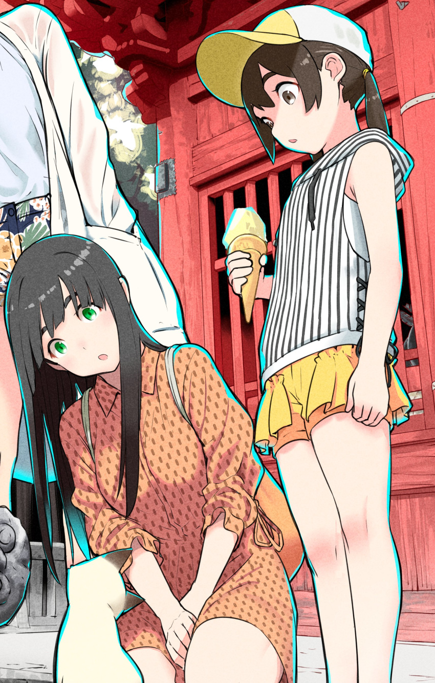 3girls :o absurdres animal baseball_cap black_hair breasts brown_eyes collar commentary_request dress feline flying_witch food frilled_shorts frills green_eyes hat head_tilt highres holding holding_food hood hood_down hooded_vest hoodie ice_cream ice_cream_cone ishizuka_chihiro kenny_(flying_witch) kowata_makoto kuramoto_chinatsu long_hair looking_at_another looking_down multiple_girls open_mouth orange_dress out_of_frame outdoors shorts sleeveless summer thick_eyebrows vest