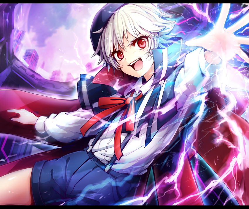 1boy blonde_hair collared_shirt gunslinger_stratos hat highres lightning looking_at_viewer male_focus open_mouth red_eyes remy_odhner ribbon shichi_miko shirt shorts smile solo suspenders