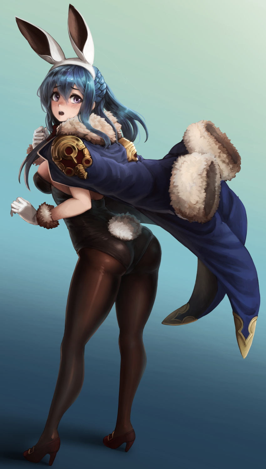 animal_ears ass barbariank black_leotard black_pantyhose blue_hair brown_footwear commentary english_commentary fake_animal_ears fake_tail female full_body fur-trimmed_gloves fur_collar fur_trim gloves gradient_background granblue_fantasy hair_between_eyes high_heels highres jacket jacket_on_shoulders leotard long_hair looking_at_viewer open_mouth pantyhose playboy_bunny purple_eyes rabbit_ears rabbit_tail shoes simple_background solo tail therese_(granblue_fantasy) white_gloves