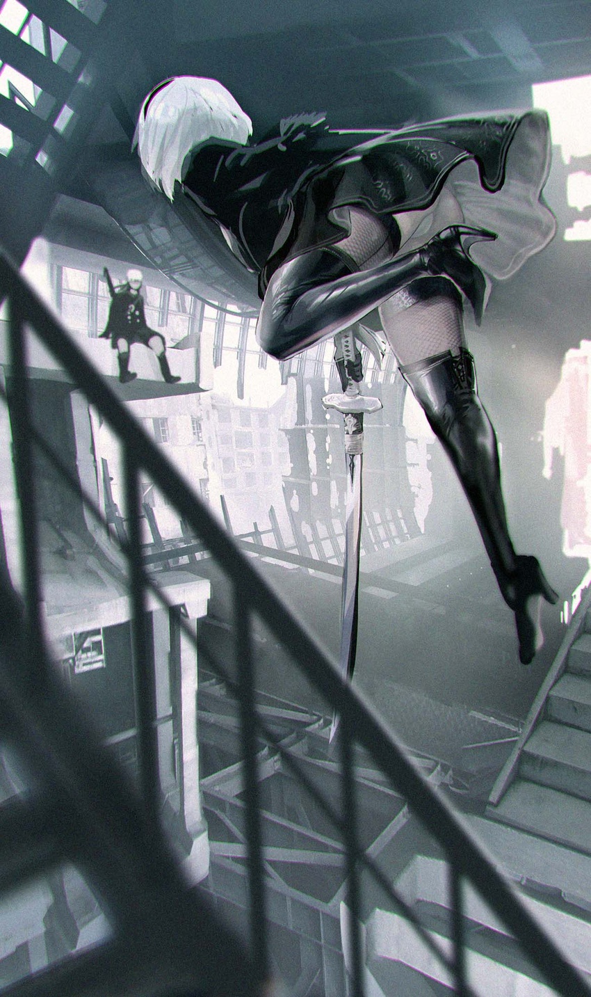 1boy 2b_(nier:automata) 9s_(nier:automata) ass black_dress black_footwear boots broken_wall ceiling dress female fishnet_thighhighs fishnets full_body high_heel_boots high_heels highres holding holding_sword holding_weapon indoors jumping katana ladder leaning_forward legs maeshima_shigeki nier:automata nier_(series) panties rooftop ruins short_hair sitting sword thigh_boots thighhighs thighs thong underwear upskirt weapon white_hair white_panties