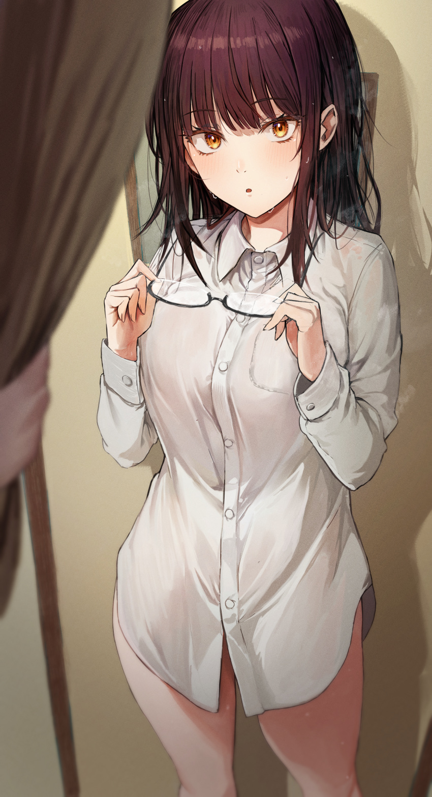 :o absurdres black_hair breasts brown_eyes collared_shirt cowboy_shot dress_shirt female fujimiya_sumika_(isekai_ojisan) highres holding holding_removed_eyewear indoors isekai_ojisan large_breasts long_sleeves looking_at_viewer marse_(rokudaime) no_pants parted_lips see-through semi-rimless_eyewear shadow shirt standing thighs unworn_eyewear wet wet_clothes white_shirt