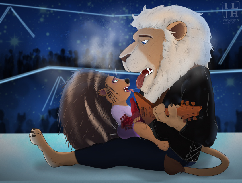 ahe_gao anthro ash_(sing) balalaika bodily_fluids breath breathing claws clay_calloway_(sing) concert duo eye_contact felid female finger_claws from_front_position fur guitar hi_res illumination_entertainment ilovejudyhopps kissing lion looking_at_another looking_pleasured male male/female mammal mane musical_instrument on_lap open_mouth pantherine playing_guitar playing_music plucked_string_instrument porcupine quills_(anatomy) rodent saliva saliva_on_tongue saliva_string sing_(movie) sitting stage stage_lights string_instrument tail tail_tuft tan_body tan_fur thrusting toe_claws tongue tongue_out tuft voyeur white_mane