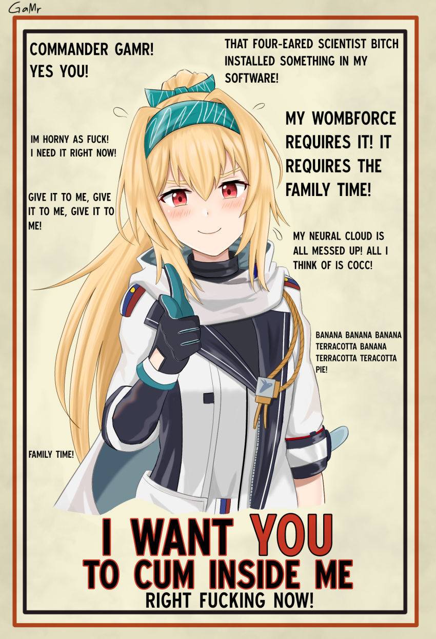 artist_name black_gloves blonde_hair blush closed_mouth commentary english_commentary english_text female gamryous girls'_frontline gloves green_headband hair_intakes hairband headband highres i_want_you long_hair looking_at_viewer lyrics parody ponytail poster_(medium) poster_parody profanity red_eyes sidelocks smile solo sv-98_(girls'_frontline) sv-98_(mod3)_(girls'_frontline) system_of_a_down upper_body