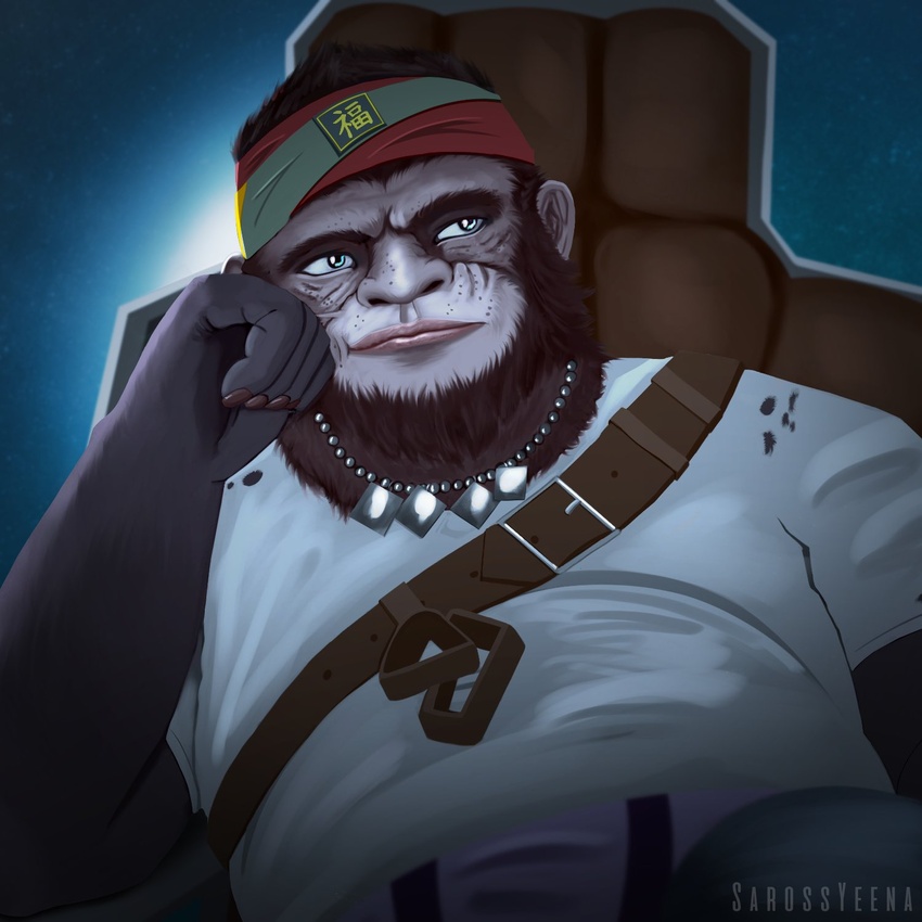 1:1 anthro beard beyond_good_and_evil_(game) beyond_good_and_evil_2 clothing facial_hair hi_res knox_(beyond_good_and_evil_2) male mammal neutral_expression primate sarossyeena shirt solo topwear ubisoft