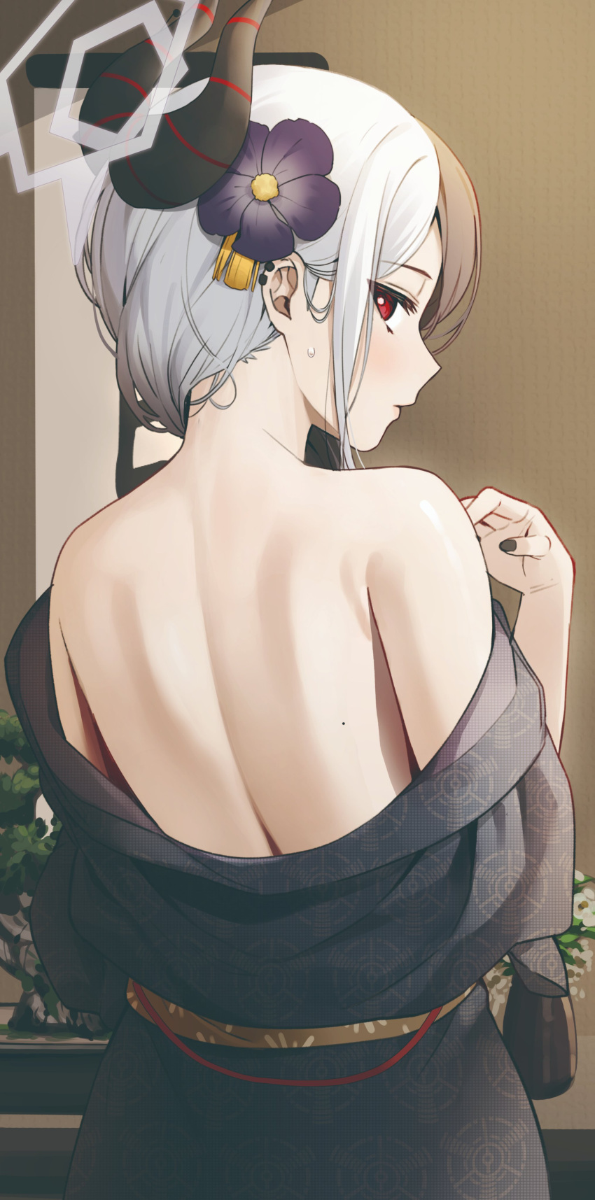 absurdres back back_focus bare_back bare_shoulders black_kimono black_nails blue_archive blush breasts closed_mouth collarbone commentary female flower from_behind grey_hair hair_flower hair_ornament halo highres horns indoors japanese_clothes kayoko_(blue_archive) kayoko_(new_year)_(blue_archive) kimono looking_at_viewer looking_back meettheton mole mole_on_back mole_on_body off_shoulder official_alternate_costume red_eyes shoulder_blades simple_background solo sweatdrop white_hair wide_sleeves yukata