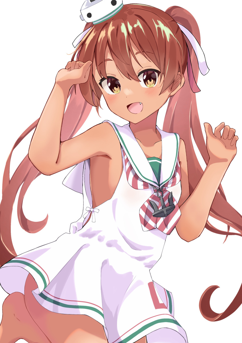 absurdres arm_up ass bare_arms bare_shoulders barefoot blush brown_eyes brown_hair commentary_request dress female hair_between_eyes highres kantai_collection libeccio_(kancolle) long_hair looking_at_viewer oerba_yun_fang open_mouth osmium-76 sailor_collar sailor_dress simple_background sleeveless sleeveless_dress smile solo twintails white_background white_dress white_sailor_collar