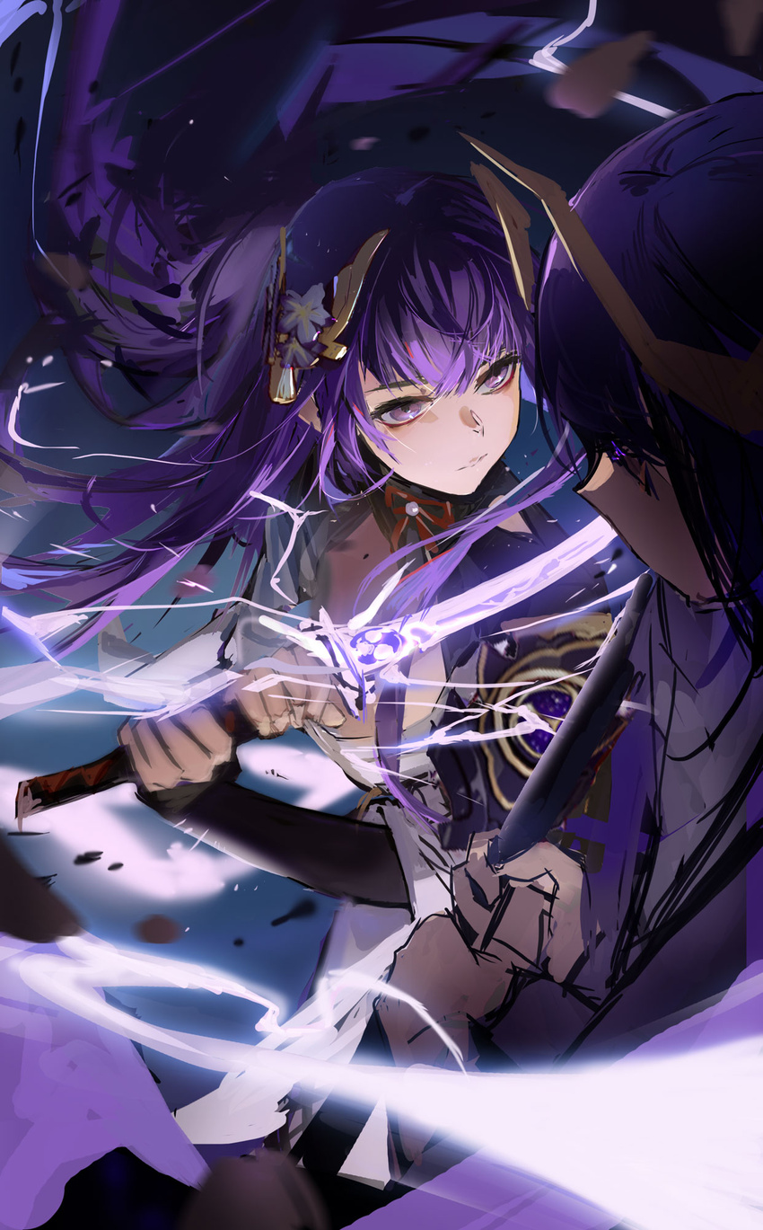 2girls dual_persona electricity genshin_impact highres holding holding_sword holding_weapon katana long_hair multiple_girls musou_isshin_(genshin_impact) official_alternate_costume purple_eyes purple_hair rabbit_(tukenitian) raiden_shogun raiden_shogun_(magatsu_mitake_narukami_no_mikoto) sword weapon