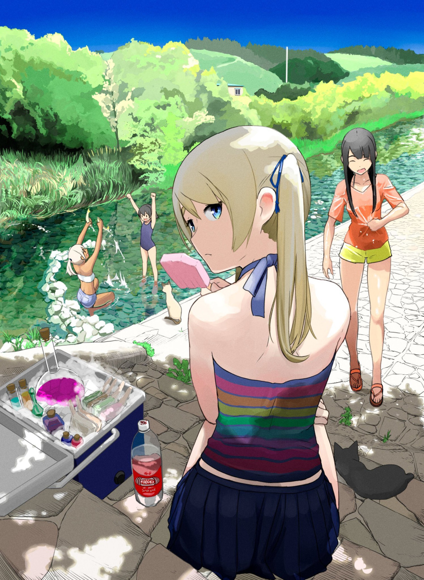 4girls back bare_shoulders black_hair blonde_hair blouse blue_eyes bottle chewing chito_(flying_witch) commentary_request cooler cork cousins cover_image day eyebrows feline flask flying_witch food hair_ribbon halterneck highres ishizuka_chihiro kenny_(flying_witch) kowata_akane kowata_makoto kuramoto_chinatsu landscape long_hair looking_at_viewer miniskirt multiple_girls one-piece_swimsuit outdoors pleated_skirt popsicle potion rainbow_order ribbon river riverbank round-bottom_flask sandals shiina_anzu_(flying_witch) shirt shoulder_blades siblings sisters sitting skirt solo_focus summer swimsuit test_tube twintails vial water_bottle wet wet_clothes wet_shirt white_hair