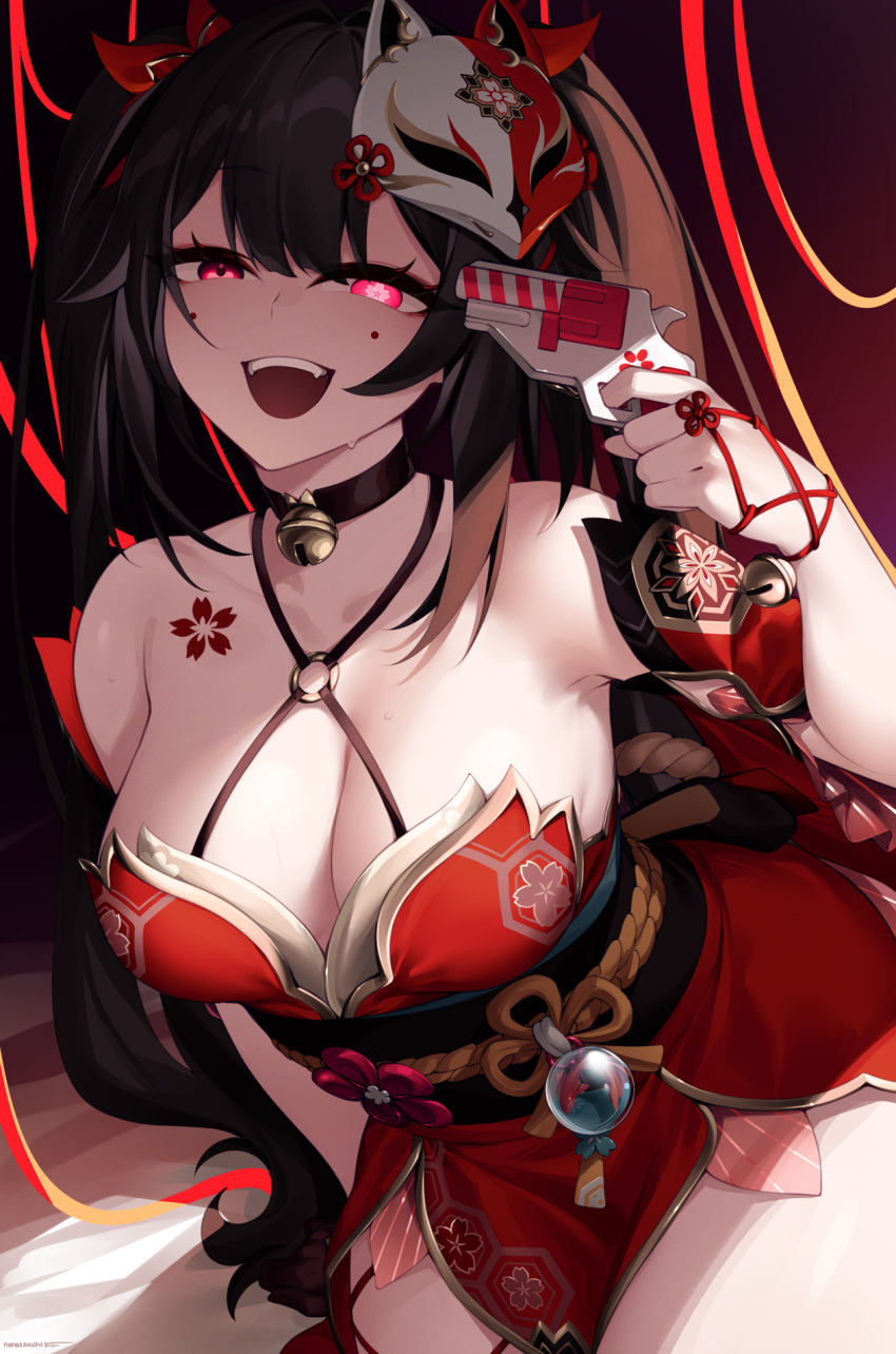 bell black_choker black_hair black_sash blush breasts choker cleavage commentary_request criss-cross_halter detached_sleeves dress female flower-shaped_pupils flower_tattoo fox_mask gun gun_to_head halterneck highres honkai:_star_rail honkai_(series) large_breasts long_hair looking_at_viewer mask mask_on_head mismatched_pupils mole mole_under_each_eye mole_under_eye multiple_moles nanatsuichi neck_bell o-ring obi open_mouth red_dress red_eyes red_sleeves revolver sash smile snubnosed_revolver solo sparkle_(honkai:_star_rail) symbol-shaped_pupils tattoo teeth upper_teeth_only weapon