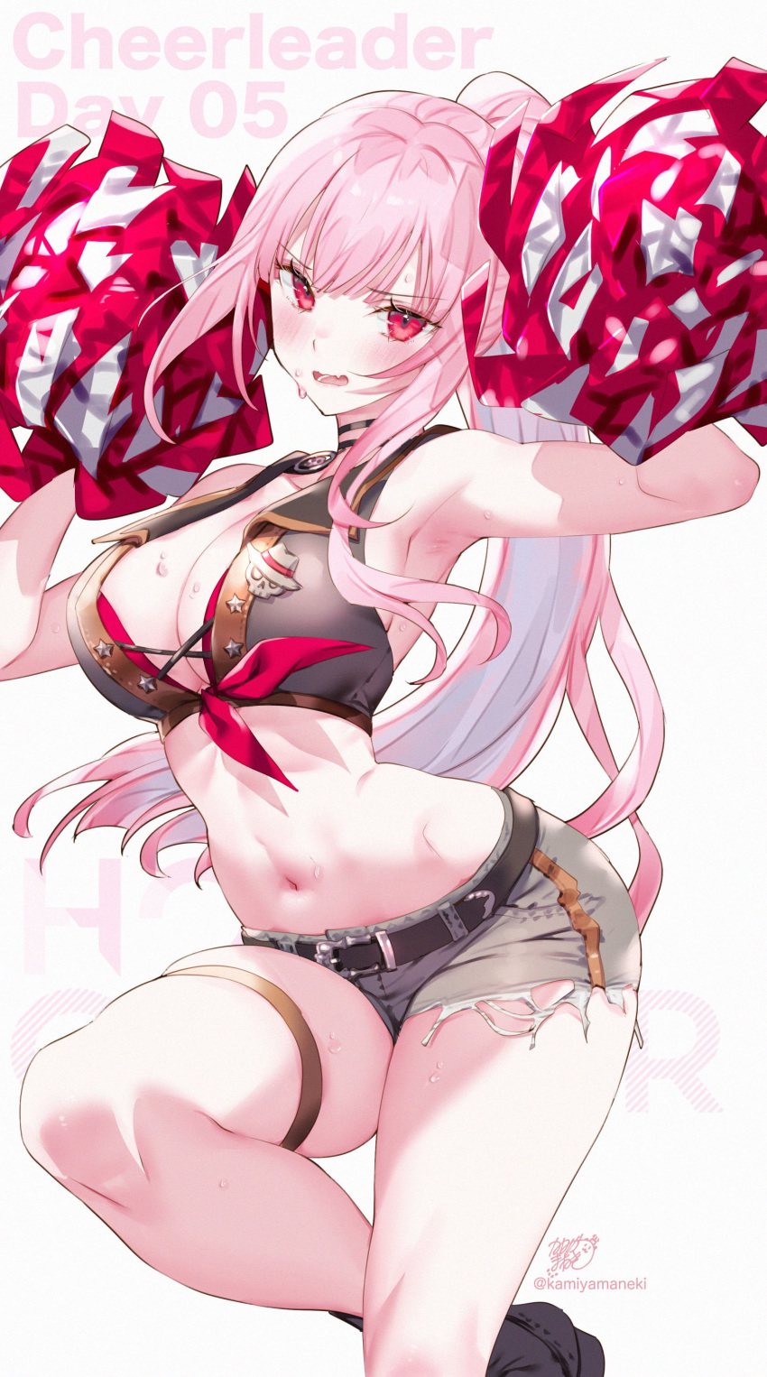 absurdres alternate_costume armpits belt blush breasts cleavage denim denim_shorts female highres hololive hololive_english kamiya_maneki large_breasts long_hair midriff mori_calliope navel open_mouth pink_hair pom_pom_(cheerleading) ponytail red_eyes short_shorts shorts simple_background skindentation solo sweat thick_thighs thigh_strap thighs twitter_username virtual_youtuber white_background