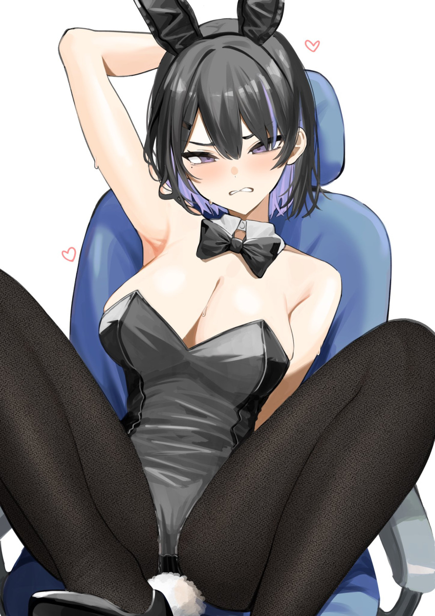 animal_ears arm_behind_head arm_up armpits bare_shoulders black_bow black_bowtie black_footwear black_hair black_leotard blush bow bowtie breasts chair clenched_teeth collar colored_inner_hair covered_navel detached_collar fake_animal_ears fake_tail female gaming_chair grey_leotard hair_between_eyes heart highres large_breasts leotard looking_at_viewer mole mole_under_eye motto_notto multicolored_hair original playboy_bunny purple_eyes purple_hair rabbit_ears rabbit_tail shoes short_hair sitting solo spread_legs strapless strapless_leotard streaked_hair sweat swivel_chair tail teeth traditional_bowtie tsundere two-tone_leotard white_collar wing_collar