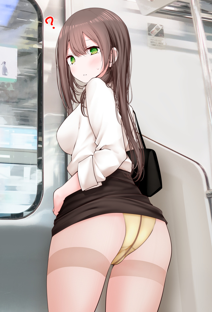 ? @_@ ass black_pantyhose black_shirt black_skirt blush breasts brown_hair collared_shirt female from_behind green_eyes highres long_hair long_sleeves looking_at_viewer looking_back office_lady ol-chan_(oouso) oouso original panties pantyhose pencil_skirt shirt skirt solo standing train_interior underwear white_shirt yellow_panties