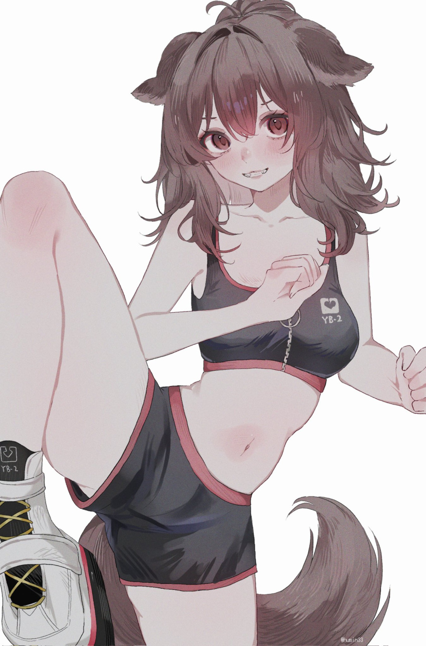 animal_ears black_shorts black_sports_bra brown_eyes brown_hair dog_ears dog_girl dog_tail double-parted_bangs fangs female fighting_stance grin hair_between_eyes hashtag-only_commentary high_ponytail high_tops highres hololive inugami_korone inugami_korone_(8th_costume) knee_up light_blush long_hair looking_at_viewer messy_hair mofumin navel official_alternate_costume official_alternate_hairstyle platform_footwear shoes short_shorts shorts simple_background smile sneakers solo sports_bra standing standing_on_one_leg stomach tail virtual_youtuber white_background white_footwear