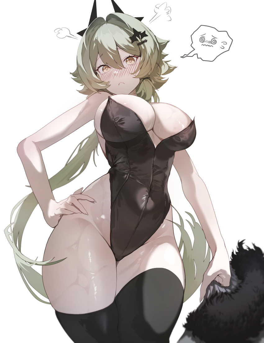 absurdres alternate_costume bare_shoulders black_horns black_leotard black_thighhighs blush breasts caesar_king_(zenless_zone_zero) cleavage closed_mouth commentary covered_navel cowboy_shot female frown hair_between_eyes hair_intakes hair_ornament hand_on_own_hip highleg highleg_leotard highres holding holding_jacket holding_unworn_clothes horns houh888 jacket large_breasts leotard long_hair looking_at_viewer simple_background solo strapless strapless_leotard thighhighs very_long_hair white_background yellow_eyes zenless_zone_zero