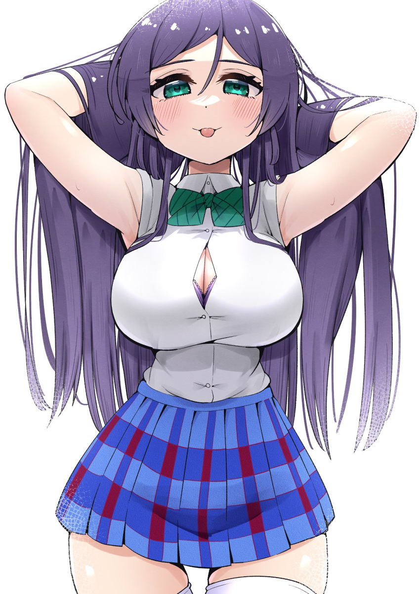 arms_behind_head blue_skirt blush bow bowtie bra breasts cleavage collared_shirt commentary_request cowboy_shot female green_bow green_bowtie green_eyes hair_down hair_lift highres kooei large_breasts long_hair looking_at_viewer love_live! love_live!_school_idol_project otonokizaka_school_uniform plaid_clothes plaid_skirt purple_bra purple_hair school_uniform shirt short_sleeves sidelocks skirt solo standing summer_uniform thighhighs tojo_nozomi tongue tongue_out underwear white_background white_shirt white_thighhighs