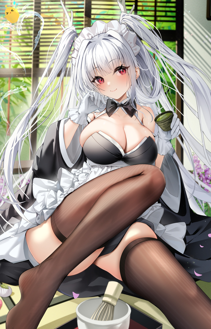 absurdres apron arlene_(ju) azur_lane black_bow black_bowtie blush bow bowtie breasts brown_thighhighs chasen chawan cleavage closed_mouth commentary_request cup dragon_girl dragon_horns female frilled_gloves frills gloves green_tea hair_on_horn highres holding holding_cup horns indoors knee_up large_breasts long_hair long_sleeves looking_at_viewer maid_headdress shimanto_(azur_lane) shimanto_(the_comfy_dragon_god)_(azur_lane) sitting skindentation smile solo tatami tea thighhighs thighs two_side_up very_long_hair waist_apron white_apron white_gloves wide_sleeves