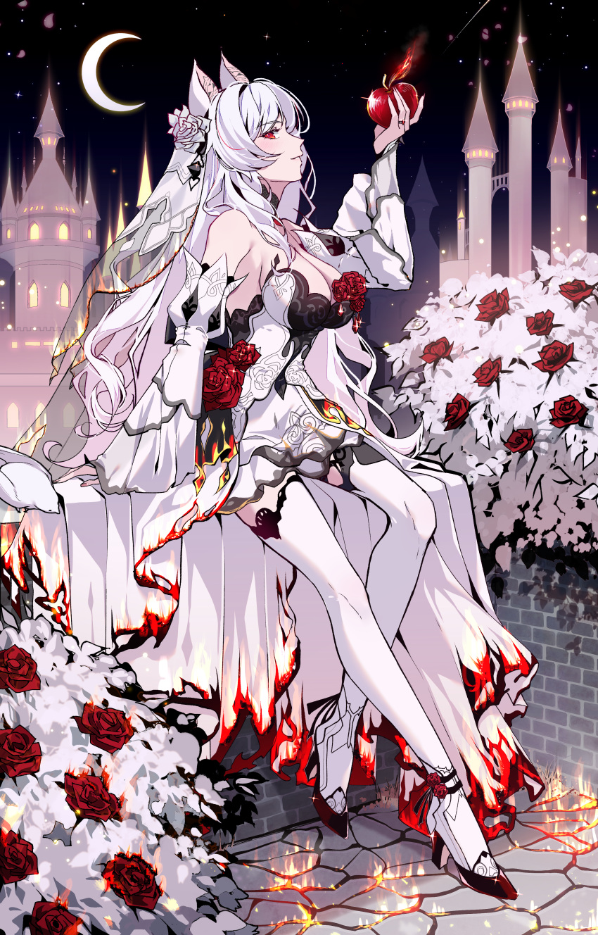 absurdres aer007580 apple bare_shoulders breasts bridal_veil burning_clothes castle cleavage crescent_moon detached_sleeves dress female food from_side fruit full_body hand_up high-low_skirt high_heels highres holding holding_food holding_fruit honkai_(series) honkai_impact_3rd large_breasts looking_at_viewer moon night night_sky official_alternate_costume official_art profile red_eyes sidelocks sitting sky smile solo theresa_apocalypse theresa_apocalypse_(luna_kindred) theresa_apocalypse_(lunar_vow:_crimson_love) theresa_apocalypse_(till_death_do_us_part) thighhighs veil white_dress white_footwear white_hair white_sleeves white_thighhighs white_veil