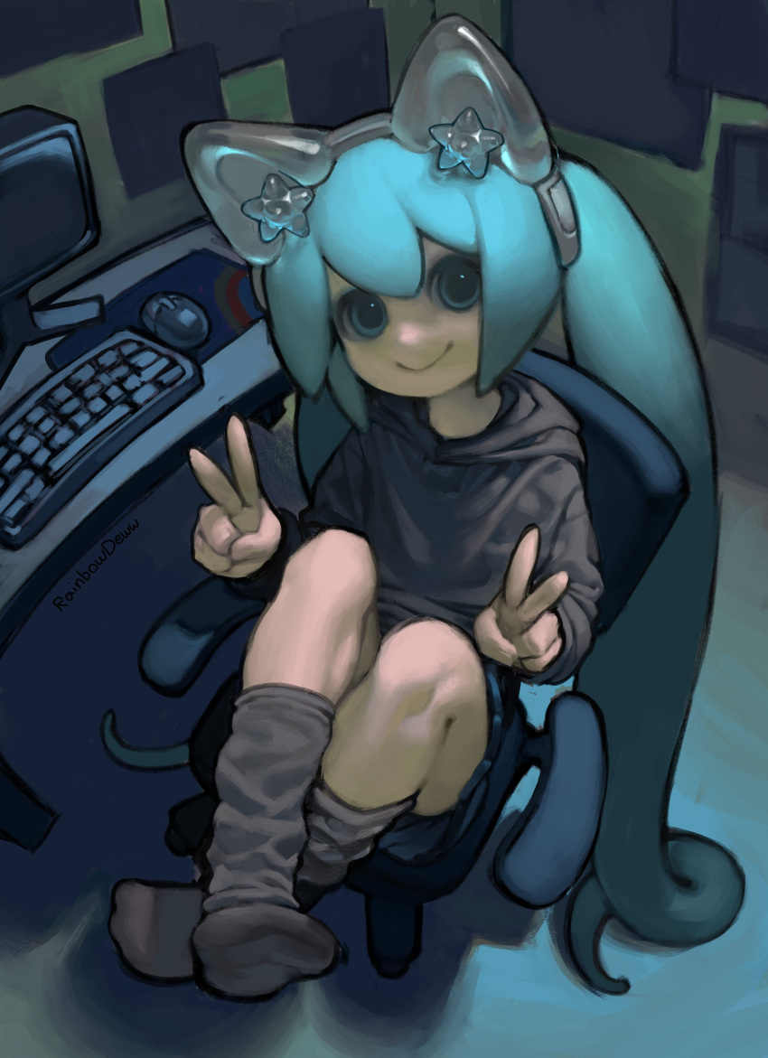 absurdres alternate_costume animal_ear_headphones animal_ears artist_name blue_eyes blue_hair cat_ear_headphones chair closed_mouth commentary computer_keyboard computer_mouse crossed_ankles desk double_v english_commentary fake_animal_ears female from_above full_body grey_hoodie grey_socks hatsune_miku headphones highres hood hood_down hoodie indoors knees_up leg_up long_hair long_sleeves looking_at_viewer making-of_available monitor no_shoes office_chair on_chair rainbowdeww sitting smile socks solo swivel_chair twintails v very_long_hair vocaloid