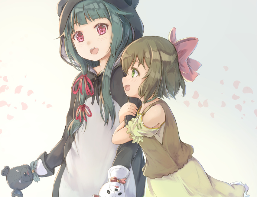 2girls :d animal_costume animal_ears animal_hood arm_hug bear_costume bear_ears bear_hood black_ribbon blush bow brown_dress brown_hair brown_shirt commentary dress fake_animal_ears fina_(kuma_kuma_kuma_bear) green_eyes green_hair grey_background hair_ribbon hairbow hand_puppet highres hikari_niji hood hood_up kuma_kuma_kuma_bear long_hair multiple_girls neck_ribbon open_mouth petals pink_bow profile puffy_short_sleeves puffy_sleeves puppet red_hair red_ribbon ribbon shirt short_sleeves sleeveless sleeveless_shirt smile yuna_(kuma_kuma_kuma_bear)