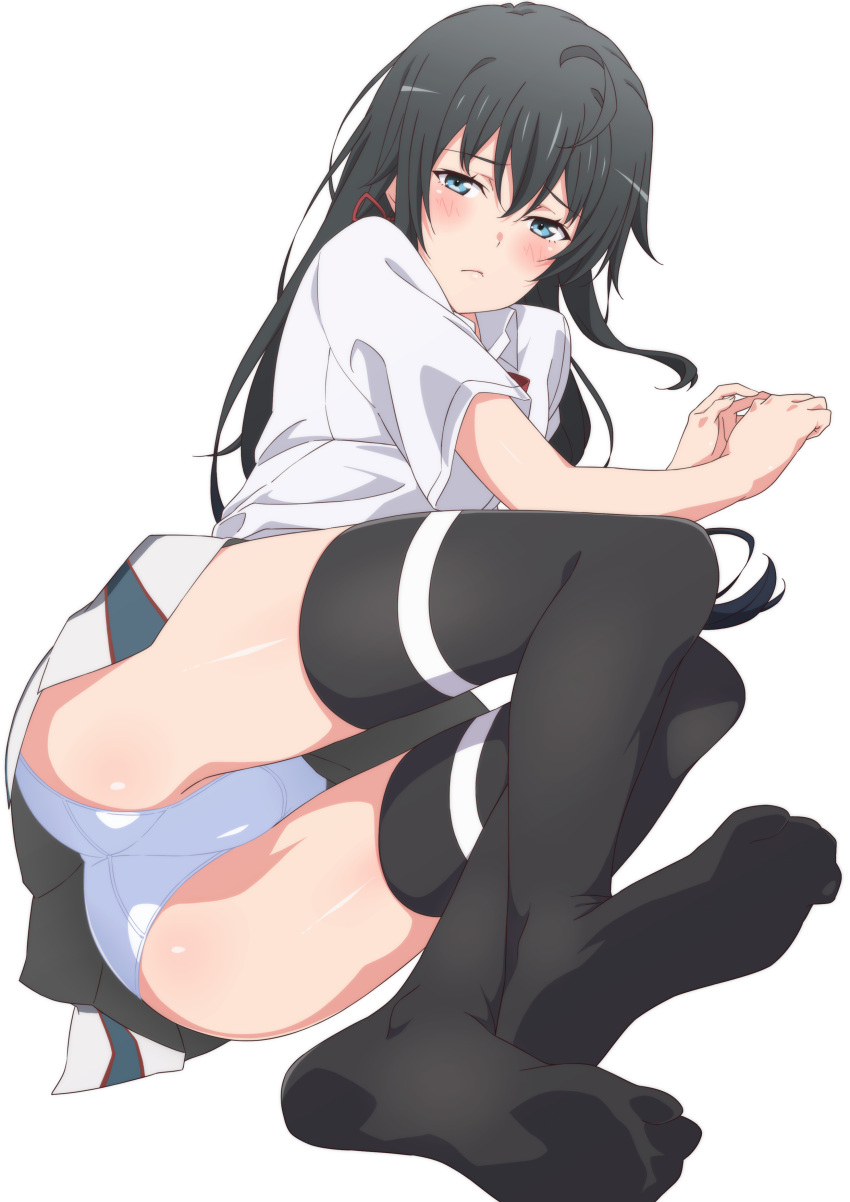 absurdres black_hair black_thighhighs blue_eyes blush bow commentary feet female hair_between_eyes highres legs long_hair looking_at_viewer no_shoes panties plaid plaid_skirt red_bow school_uniform shirt shou937 simple_background skirt sobu_high_school_uniform soles solo thigh_gap thighhighs toes underwear white_panties white_shirt yahari_ore_no_seishun_lovecome_wa_machigatteiru. yukinoshita_yukino