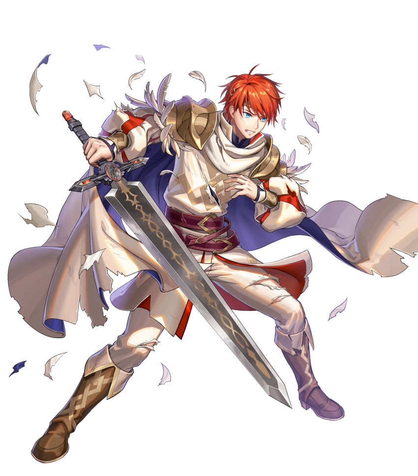 1boy alternate_costume belt blue_eyes boots cape clenched_teeth durandal_(fire_emblem) eliwood_(fire_emblem) eliwood_(resplendent)_(fire_emblem) feathers fire_emblem fire_emblem:_the_blazing_blade fire_emblem_heroes full_body highres injury male_focus motsutsu non-web_source official_art red_hair solo sword teeth torn_clothes transparent_background weapon