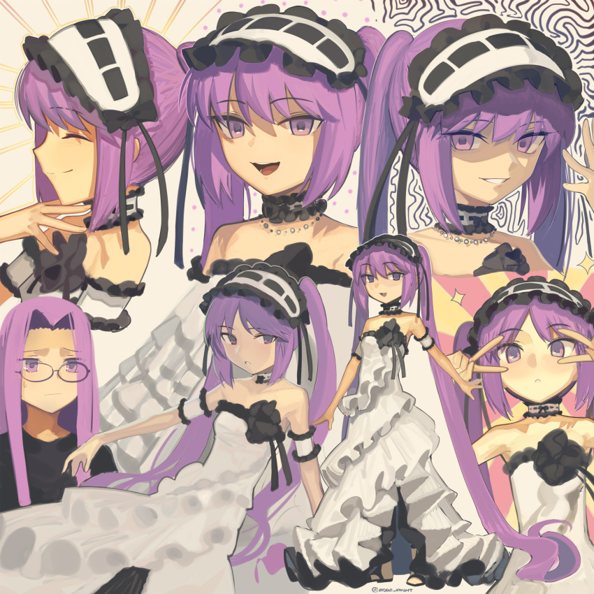 2girls absurdly_long_hair bare_shoulders black_sweater blush boa_(brianoa) breasts collarbone dress fate/grand_order fate/hollow_ataraxia fate/stay_night fate_(series) forehead frilled_hairband frills glasses grin hairband highres long_hair looking_at_viewer medusa_(fate) medusa_(rider)_(fate) multiple_girls multiple_views open_mouth parted_bangs purple_eyes purple_hair shaded_face sidelocks small_breasts smile stheno_(fate) sweater twintails very_long_hair white_dress