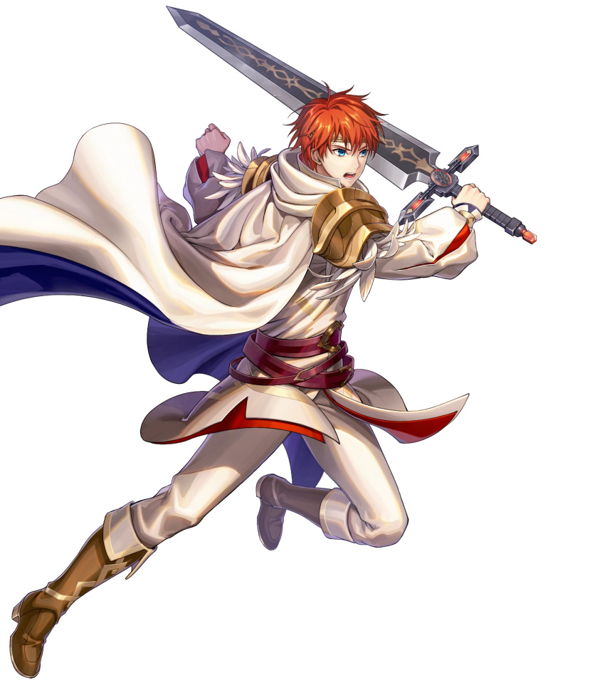 1boy alternate_costume belt blue_eyes boots cape circlet durandal_(fire_emblem) eliwood_(fire_emblem) eliwood_(resplendent)_(fire_emblem) feathers fire_emblem fire_emblem:_the_blazing_blade fire_emblem_heroes full_body highres male_focus motsutsu non-web_source official_art open_mouth red_hair solo sword teeth transparent_background weapon