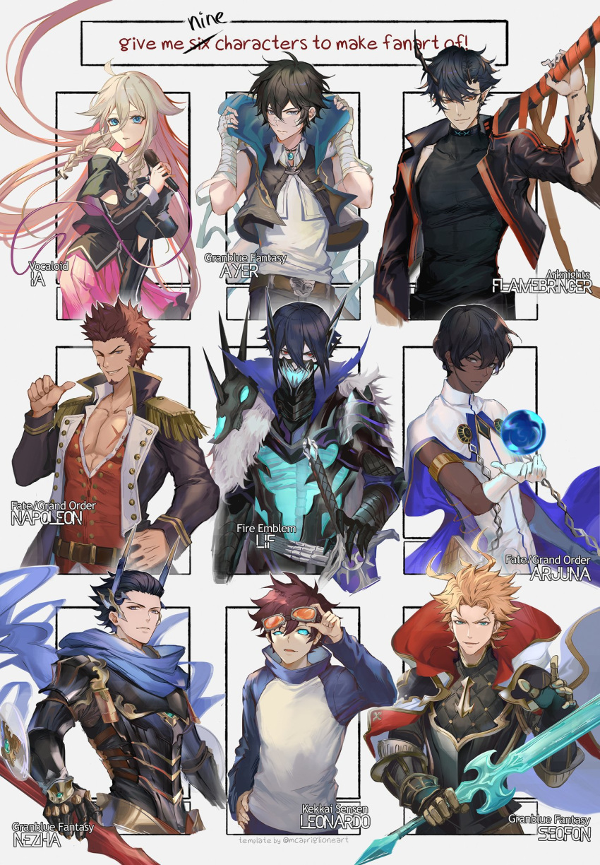 6+boys abs ahoge arjuna_(fate) arknights armor ayer bare_shoulders black_armor black_hair black_jacket blonde_hair blue_eyes blue_hair braid breasts brown_hair cape character_name commentary crossover dark-skinned_male dark_skin darkavey english_commentary english_text epaulettes facial_hair fate/grand_order fate_(series) female fire_emblem fire_emblem_heroes flamebringer_(arknights) gauntlets gloves goatee goggles goggles_on_head grey_hair hair_between_eyes hair_slicked_back hand_on_own_hip highres hood horned_mask horns ia_(vocaloid) jacket jewelry kekkai_sensen leonardo_watch lif_(fire_emblem) long_hair long_sideburns long_sleeves looking_at_viewer male_focus mask masked microphone military military_uniform multiple_boys multiple_crossover multiple_drawing_challenge muscular muscular_male napoleon_bonaparte_(fate) nezha_(granblue_fantasy) one_eye_closed open_clothes open_mouth pale_skin pants pectorals pink_hair pleated_skirt pointing pointing_at_self pointy_ears red_eyes red_hair scar scarf seofon_(granblue_fantasy) shirt short_hair sideburns simple_background six_fanarts_challenge skirt smile spiked_hair sword twin_braids uniform upper_body very_long_hair vocaloid weapon white_gloves white_hair