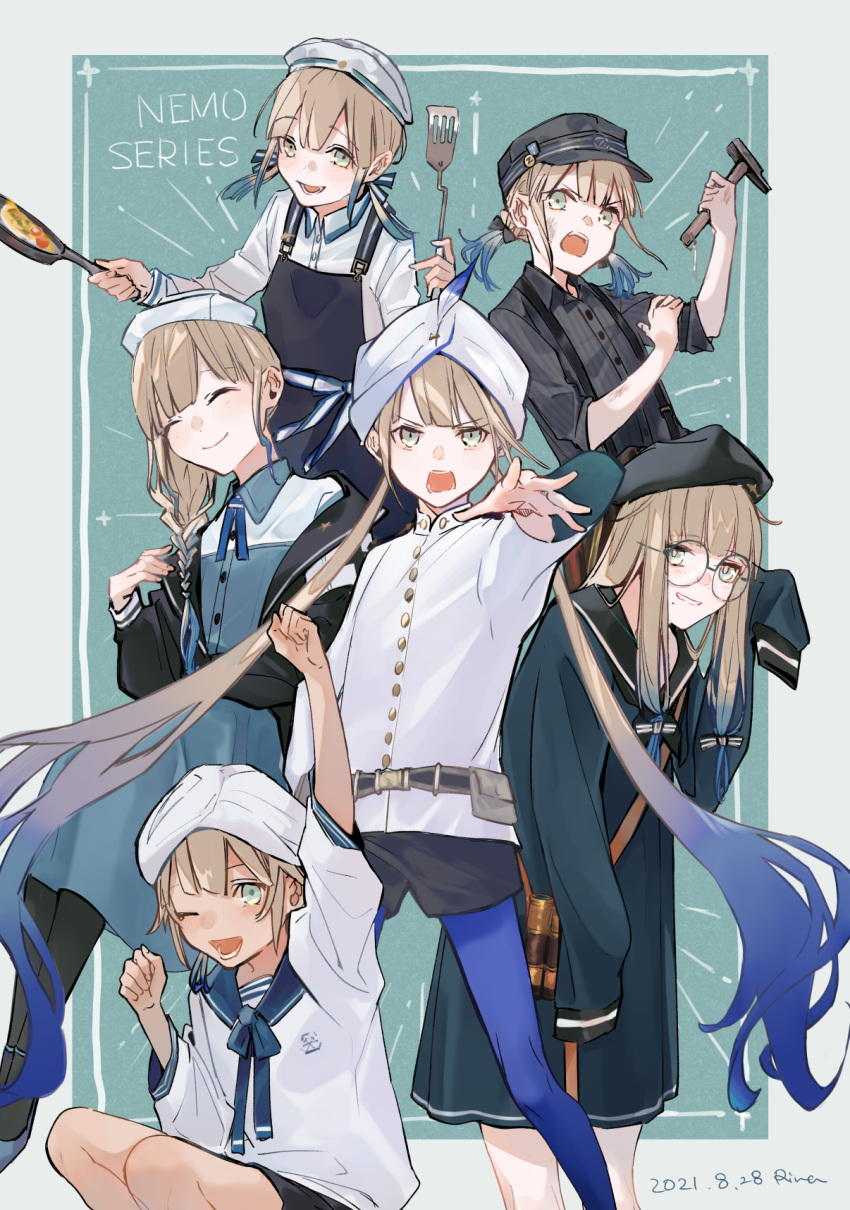 1other 2021 4boys apron baker_nemo_(fate) belt black_headwear blue_hair braid captain_nemo_(fate) commentary_request dated engineer_nemo_(fate) fate/grand_order fate_(series) female frying_pan glasses gradient_hair hammer hat highres long_hair marine_nemo_(fate) military military_uniform multicolored_hair multiple_boys naval_uniform nemo_(fate) nurse nurse_cap nurse_nemo_(fate) one_eye_closed platinum_blonde_hair professor_nemo_(fate) sailor_collar serisawa shirt shorts sleeves_past_fingers sleeves_past_wrists spatula striped_clothes striped_shirt suspenders turban twintails two-tone_hair uniform