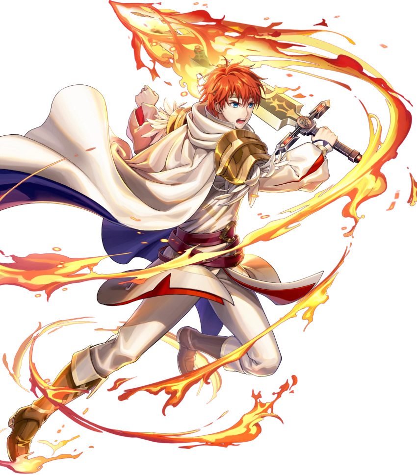 1boy alternate_costume belt blue_eyes boots cape circlet durandal_(fire_emblem) eliwood_(fire_emblem) eliwood_(resplendent)_(fire_emblem) feathers fire fire_emblem fire_emblem:_the_blazing_blade fire_emblem_heroes full_body highres male_focus motsutsu non-web_source official_art open_mouth red_hair solo sword teeth transparent_background weapon