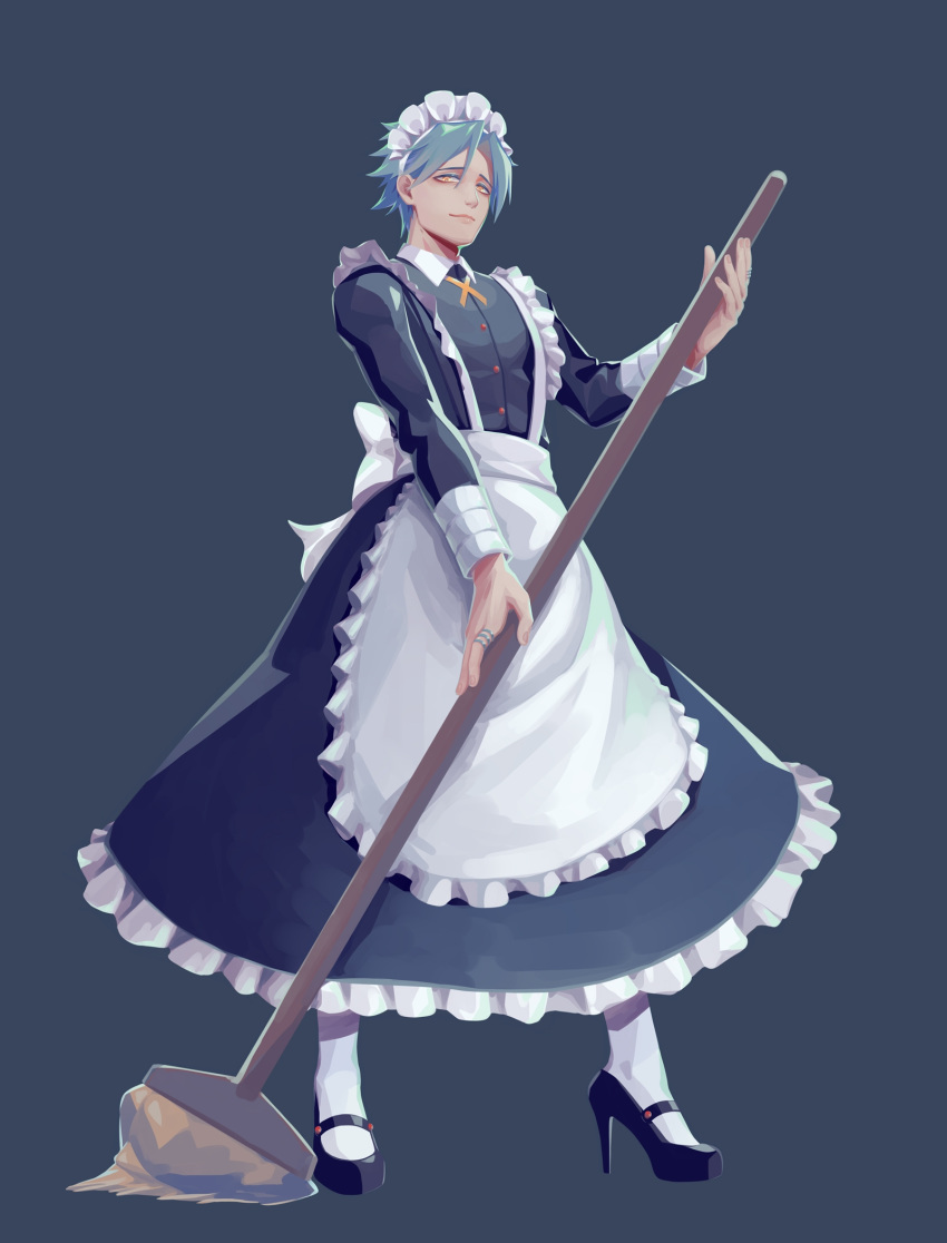 1boy apron black_dress black_footwear blue_hair crossdressing dress fukuda_tamotsu full_body grey_background high_heels highres holding holding_mop id_:invaded long_sleeves looking_at_viewer maid maid_apron maid_headdress male_focus male_maid mop pantyhose salmon_(657931354) short_hair standing white_legwear