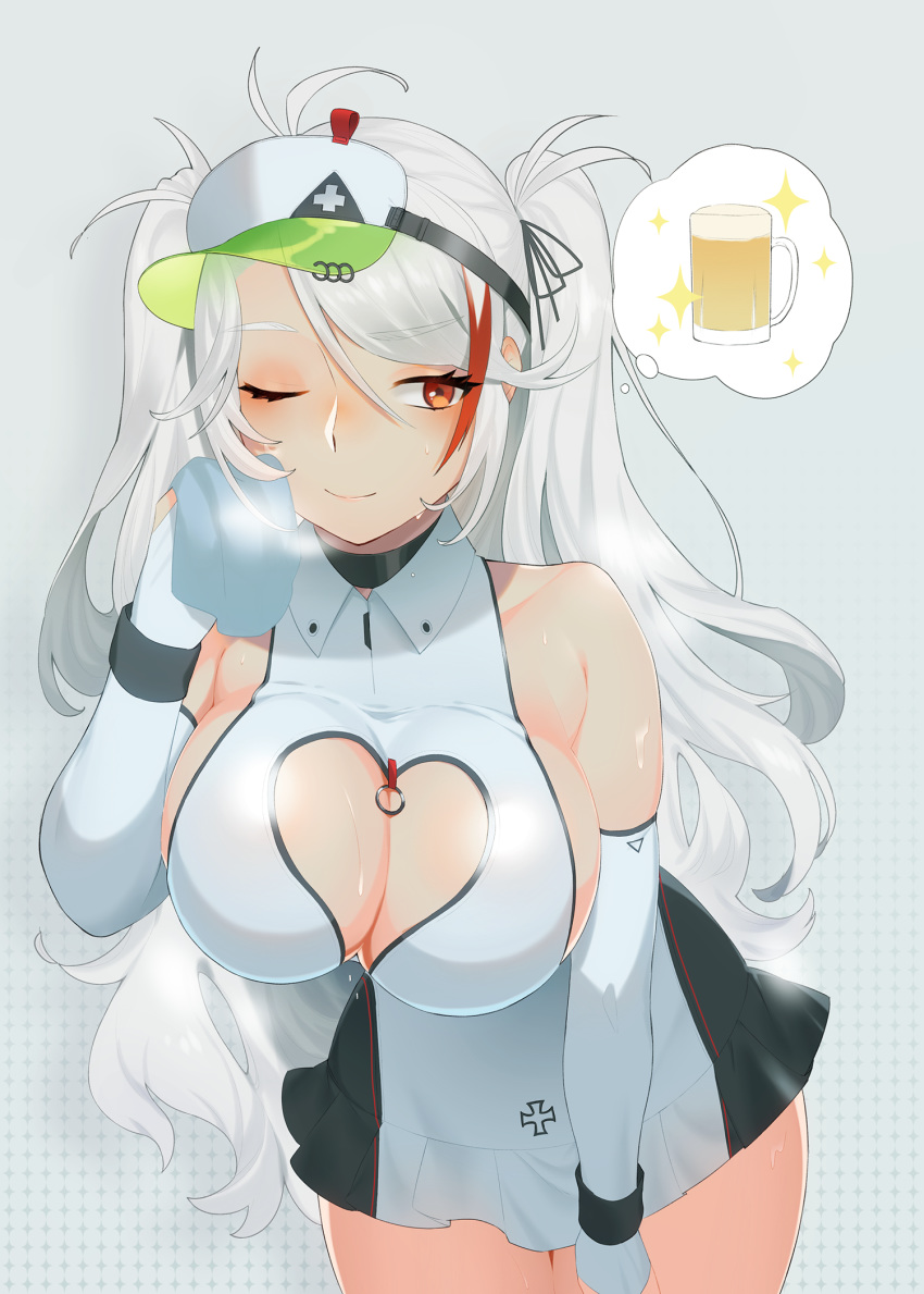 alternate_costume azur_lane bache_(azur_lane) bache_(azur_lane)_(cosplay) bache_(showy_sports_star)_(azur_lane) bare_shoulders breasts cleavage clothing_cutout commentary cosplay dress female heart_cutout highres large_breasts long_hair maitei_roppa one_eye_closed prinz_eugen_(azur_lane) short_dress skin_tight sleeveless solo sportswear sweat tennis_dress tennis_uniform visor_cap white_hair