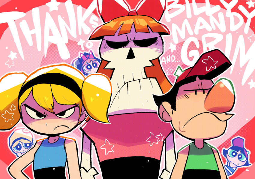 2boys 4girls :c :o angry baseball_cap billy_(grim_adventures) billy_(grim_adventures)_(cosplay) blonde_hair blossom_(ppg) blossom_(ppg)_(cosplay) bow bubbles_(ppg) bubbles_(ppg)_(cosplay) buttercup_(ppg) buttercup_(ppg)_(cosplay) cartoon_network company_connection cosplay costume_switch crossover grim_(grim_adventures) hairbow hat highres jaggy_lines mandy_(grim_adventures) mandy_(grim_adventures)_(cosplay) multiple_boys multiple_girls powerpuff_girls rariatto_(ganguri) red_bow scythe shaded_face skeleton the_grim_adventures_of_billy_&_mandy toon_(style)