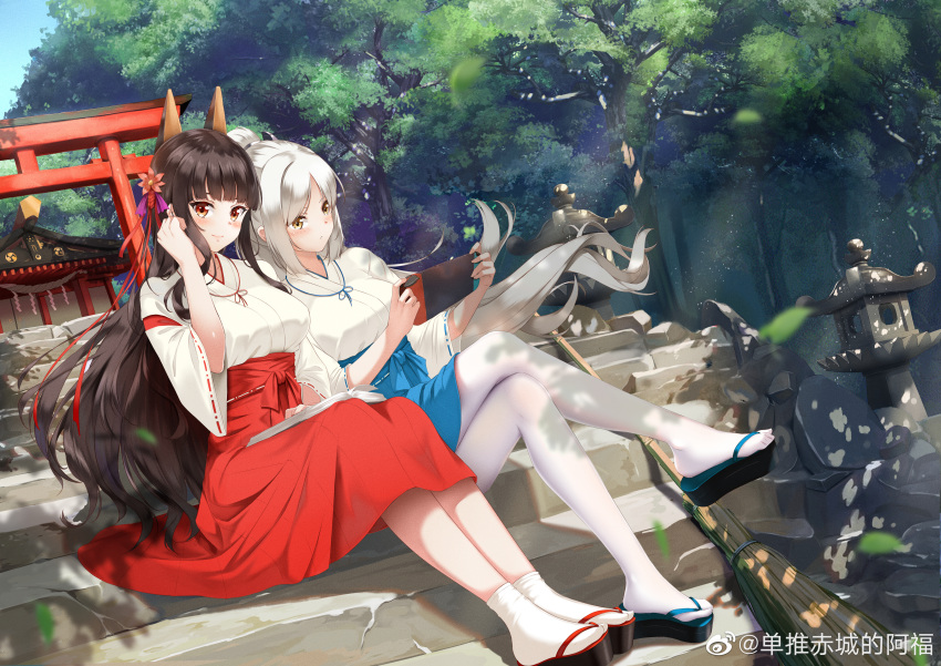 2girls absurdres adjusting_hair akagi_(warship_girls_r) animal_ears black_hair breasts broom chinese_commentary closed_mouth clothing_request commentary_request day full_body gesture_request handheld_game_console highres holding holding_handheld_game_console japanese_clothes kaga_(warship_girls_r) large_breasts light_rays liu_guniang long_hair looking_at_viewer miko multiple_girls nintendo_switch on_stairs outdoors pantyhose parted_bangs platform_footwear ponytail ribbon-trimmed_sleeves ribbon_trim rope sandals shide shimenawa shrine sitting sitting_on_stairs smile socks stairs stone_lantern sunbeam sunlight tabi torii tree very_long_hair warship_girls_r watermark weibo_logo white_hair white_legwear yellow_eyes zouri