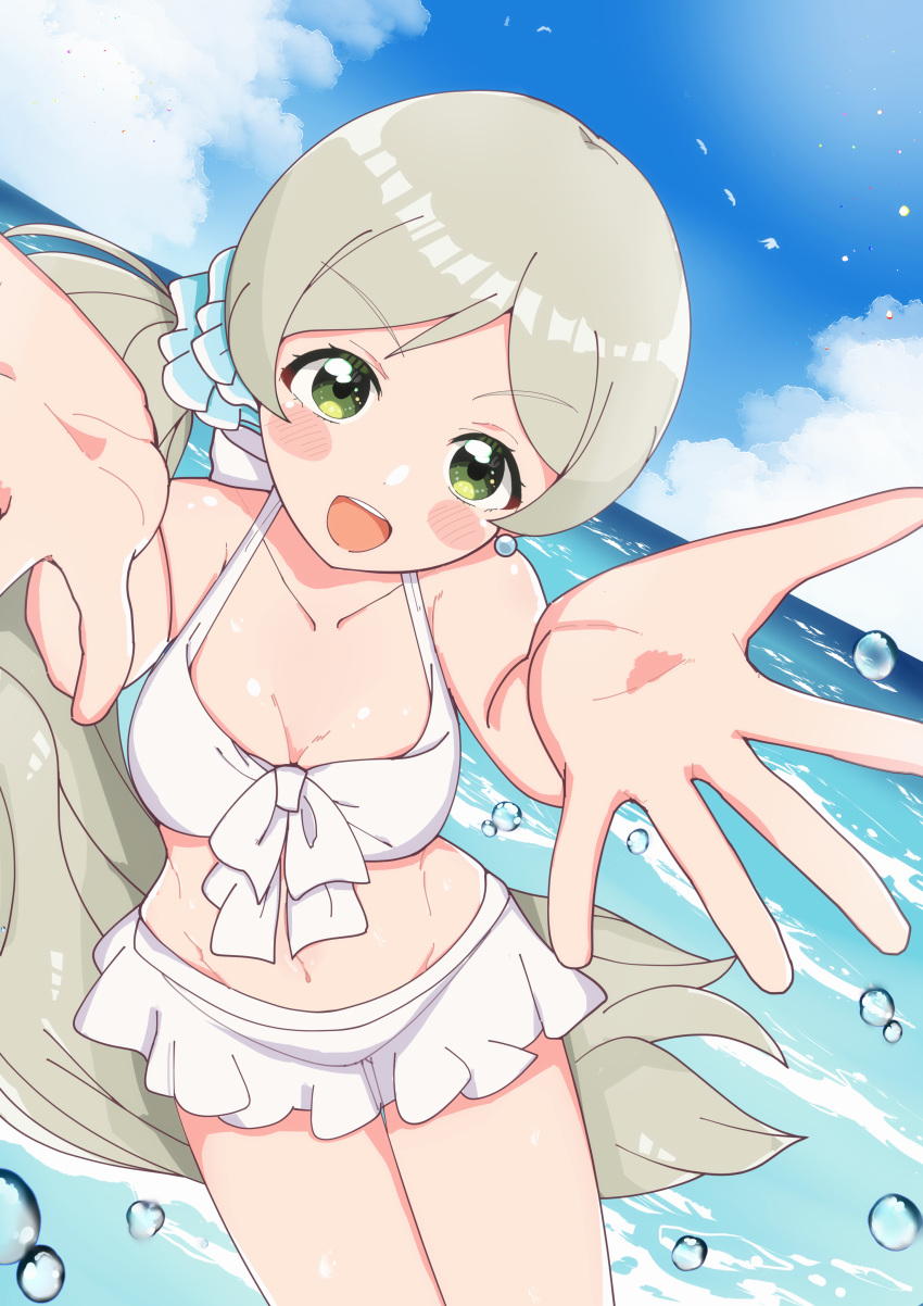 absurdres bikini blue_sky blush_stickers breasts cleavage cloud cloudy_sky collarbone cowboy_shot dot_nose dutch_angle earrings female frilled_bikini frills green_eyes grey_hair groin hair_ornament hair_scrunchie handa_roco highres horizon idolmaster idolmaster_million_live! idolmaster_million_live!_theater_days incoming_hug jewelry long_hair looking_at_viewer medium_breasts navel nikudoufu ocean official_alternate_costume official_alternate_hairstyle open_hands outdoors outstretched_arms parted_bangs reaching reaching_towards_viewer scrunchie side_ponytail sidelocks sky solo splashing swimsuit teeth upper_teeth_only v-shaped_eyebrows very_long_hair water_drop waves white_bikini